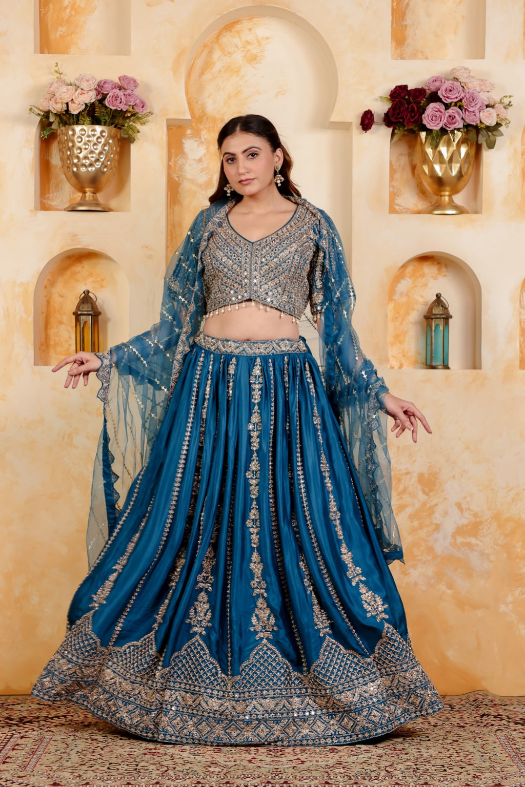 Diesel Blue Chinon Blouse with Heavy Zari & Stone Work, Lehenga & Net Dupatta
