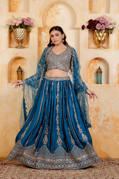 Diesel Blue Chinon Blouse with Heavy Zari & Stone Work, Lehenga & Net Dupatta
