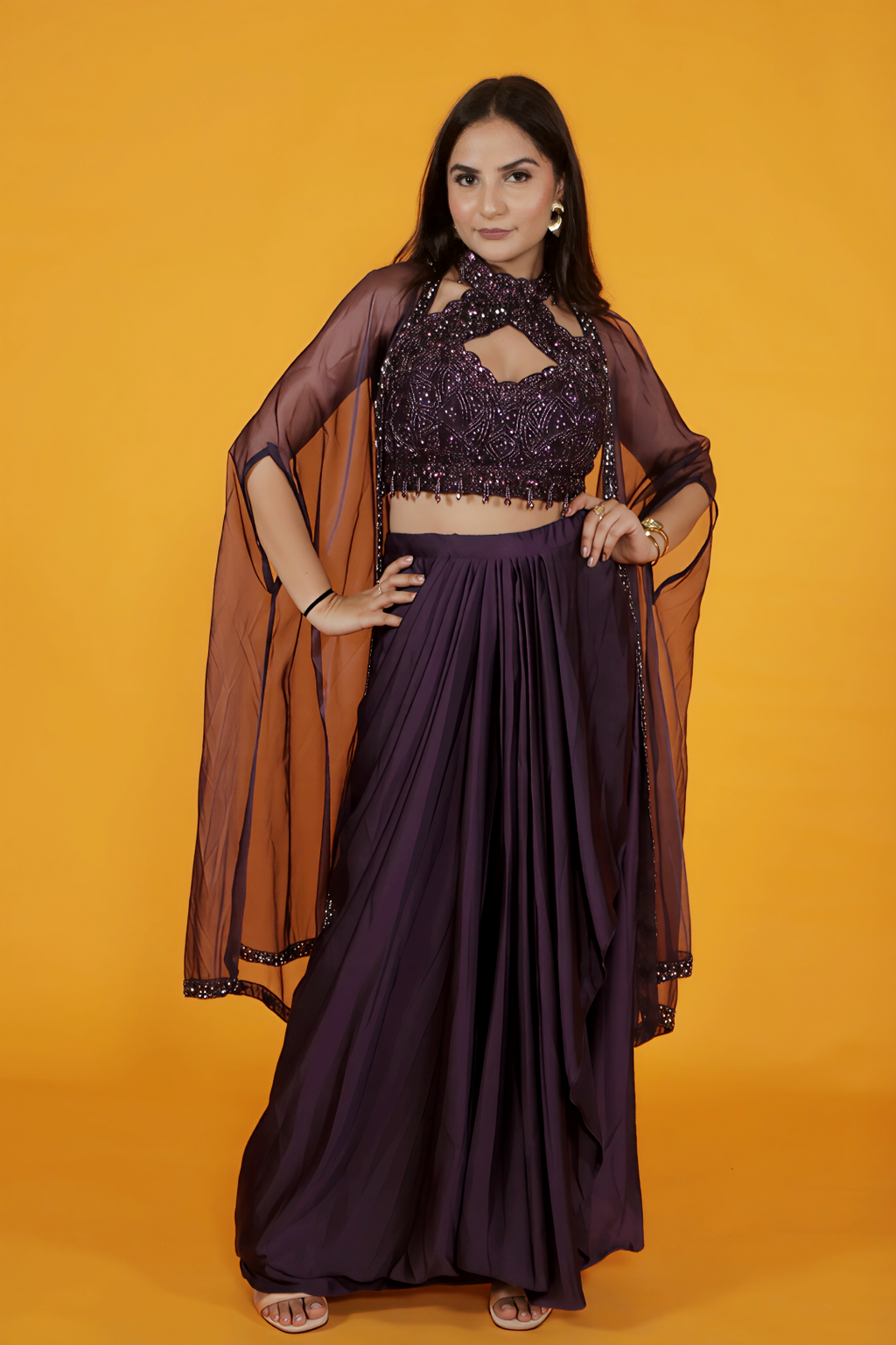 Wine Satin Silk Blouse with Handwork, Dhoti & Shrug