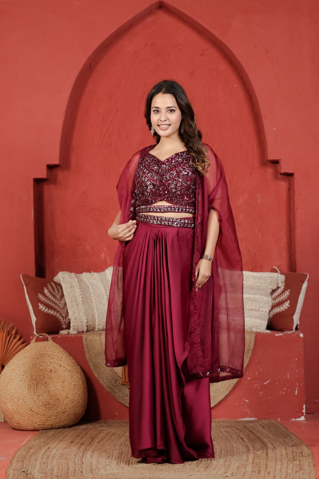 Maroon Satin Silk Dhoti Set with Handwork Blouse, Shrug & Belt