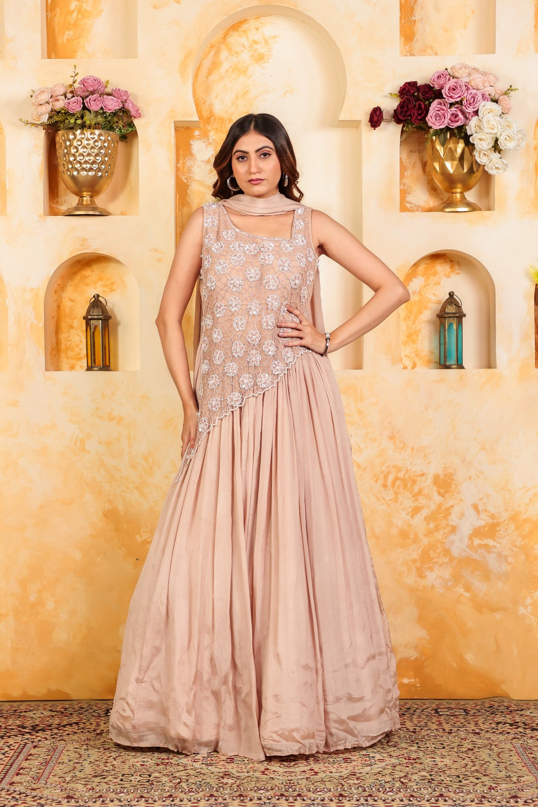Peach Chinon Silk with Patch Handwork Gown & Dupatta