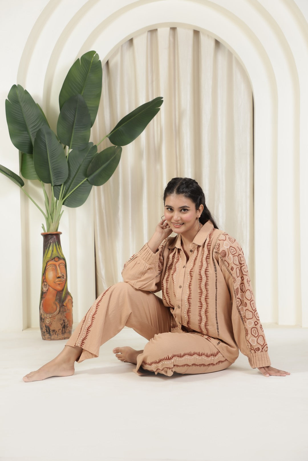 Light Brown Jute Cotton Top with Thread Embroidery & Pant