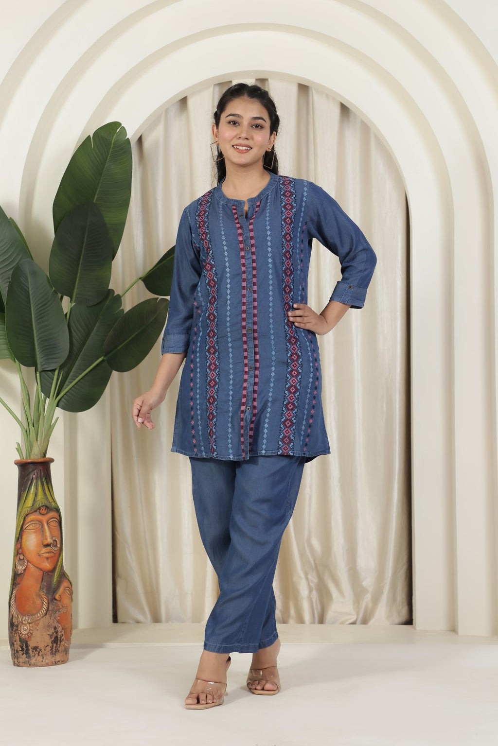 Navy Blue Denim Top with Embroidery and Paired with Matching Pant