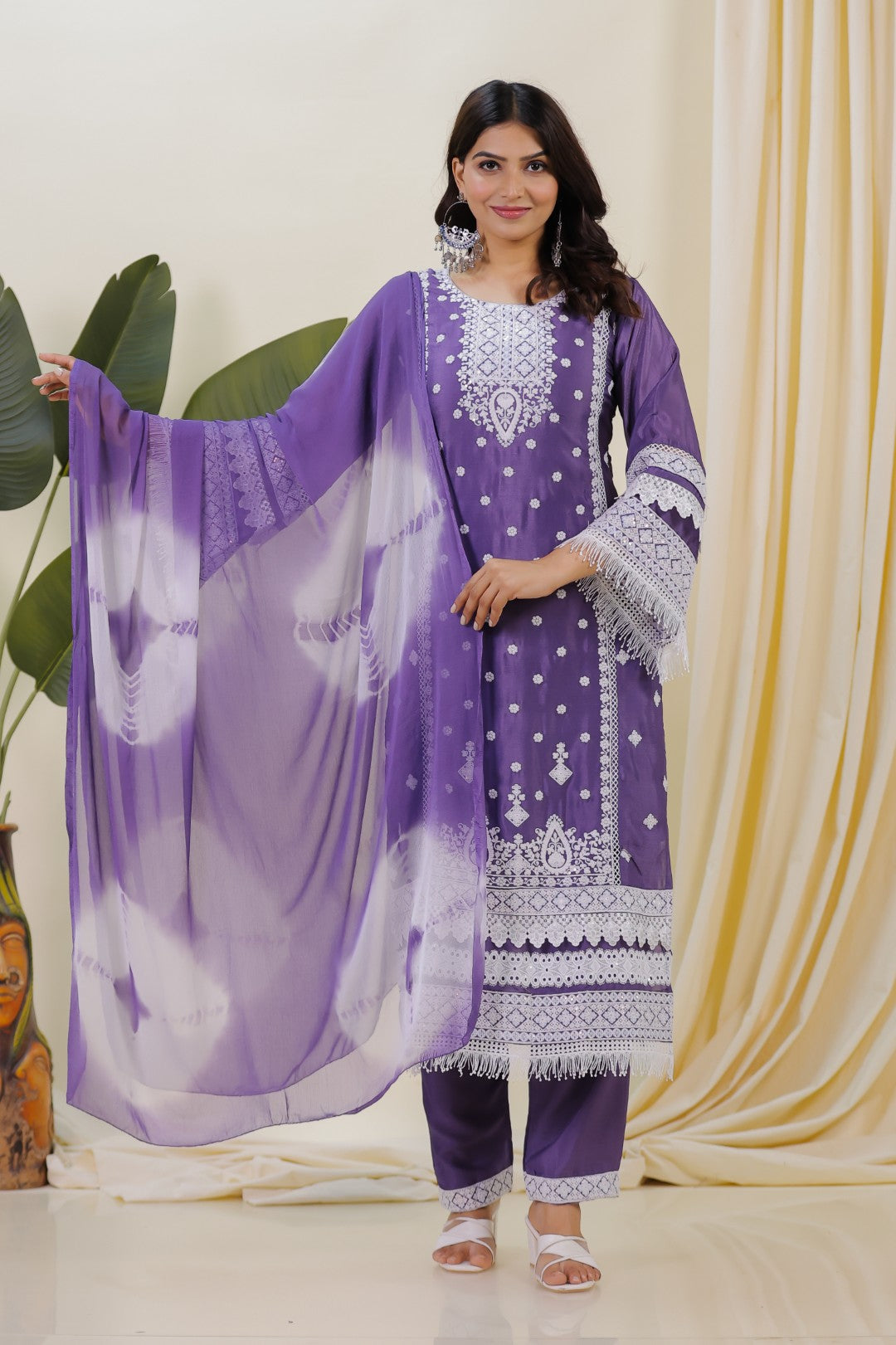 Lavender Chinon Silk Suit with Thread Work, Straight Pant & Dupatta