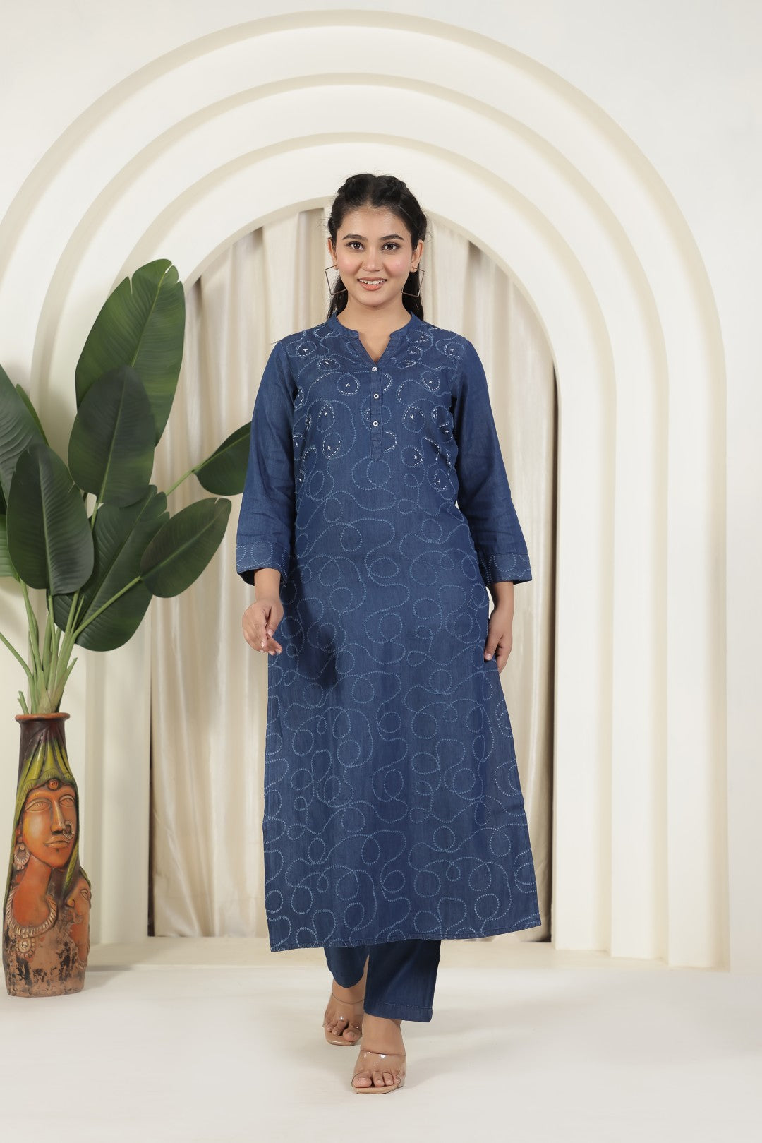 Navy Blue Denim Suit with Blue Thread Embroidery and Paired with Matching Pant