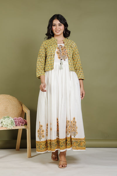 Offwhite Mulmul Cotton Suit with Pista Green Hand Block Sanganeri Print and Jacket