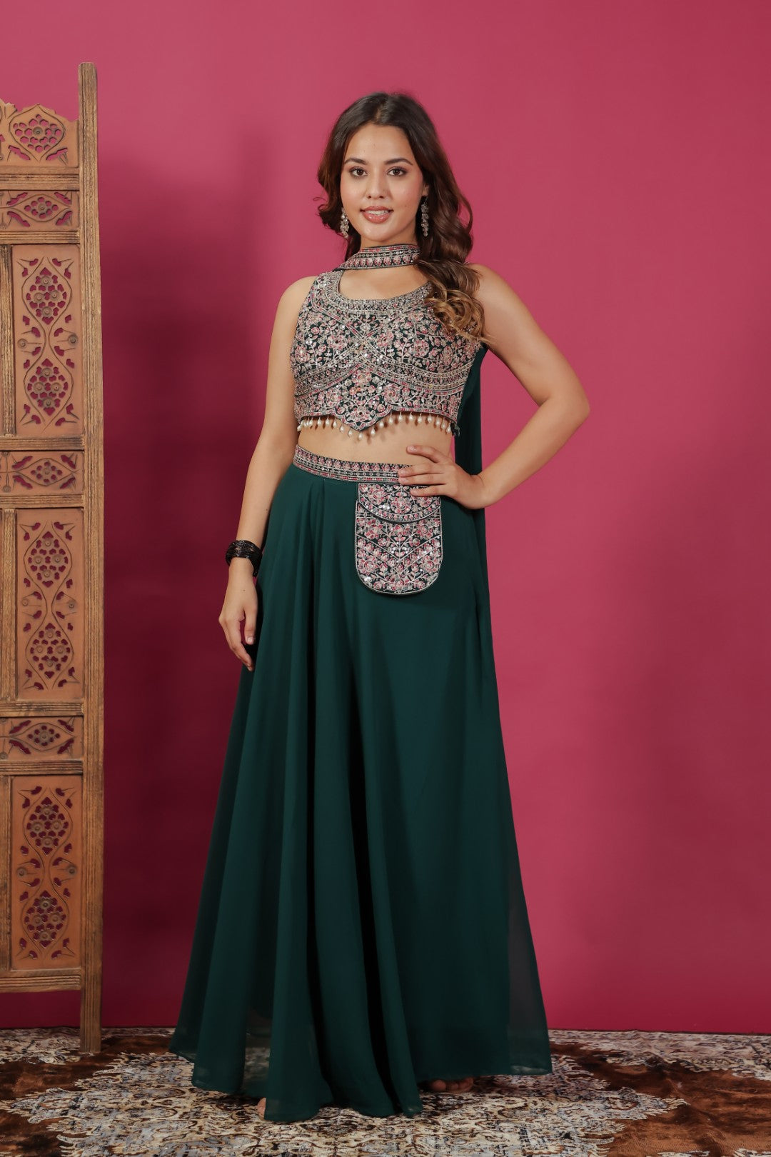 Dark Green Georgette Blouse with Heavy Zari Work, Sharara & Dupatta