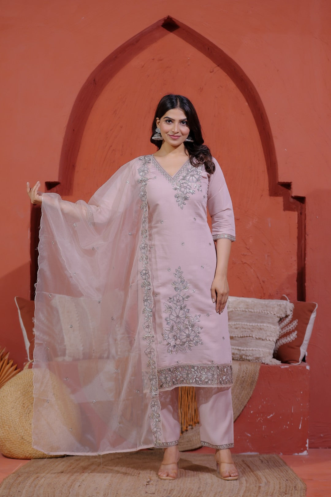 Light Peach Muslin Suit with Thread Embroidery, Bottom & Dupatta