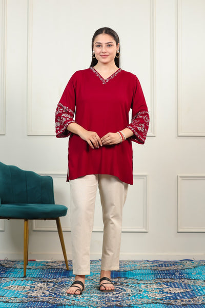 Maroon Rayon Thread Embroidered Short Kurti