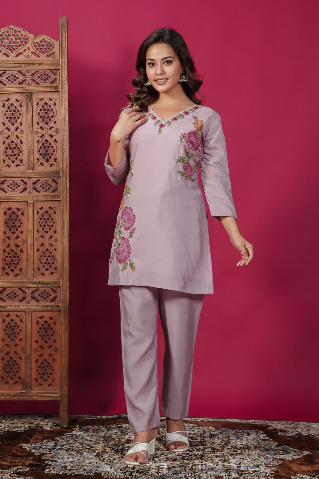 Light Lavender Muslin with Colorful Foil Floral Printed Co-ord Set