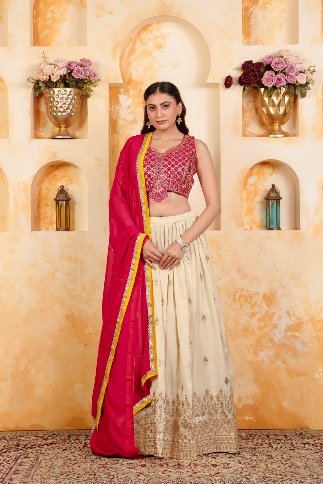 Rani Pink Dola Silk Blouse with Zari Mirror Work, Gotta Zari Work Lehenga with Dupatta