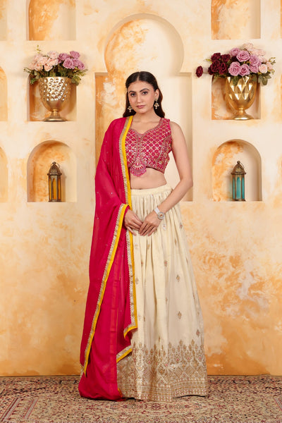 Rani Pink Dola Silk Blouse with Zari Mirror Work, Gotta Zari Work Lehenga with Dupatta