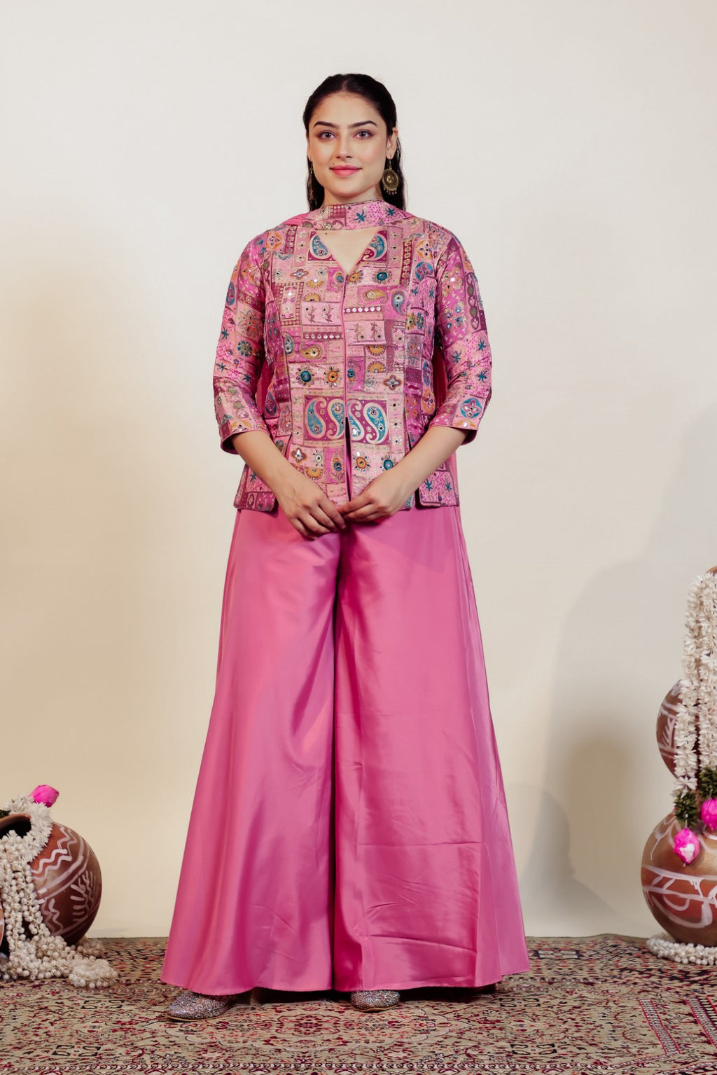 Baby Pink Silk Top with Banarsi Position Print, Sharara & Dupatta