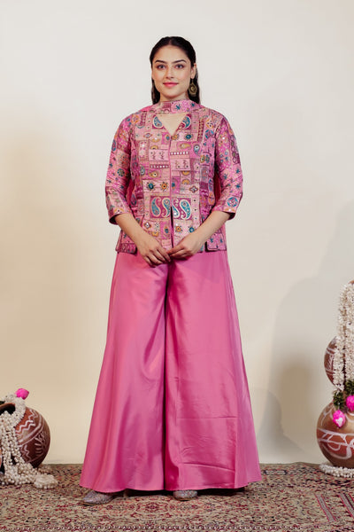 Baby Pink Silk Top with Banarsi Position Print, Sharara & Dupatta