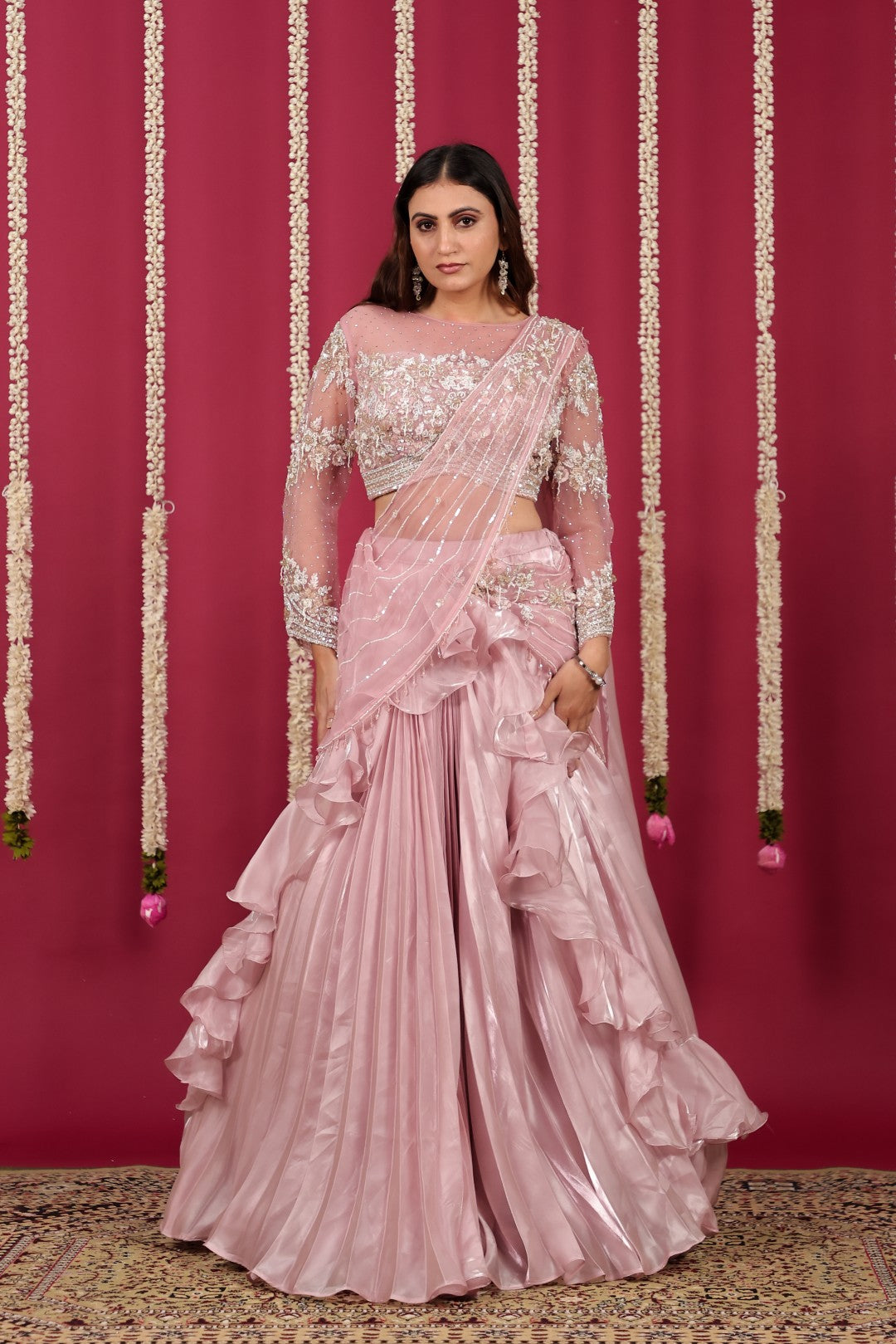 Baby Pink Burberry Net Lehenga with Heavy Handwork Blouse & Attached Dupatta
