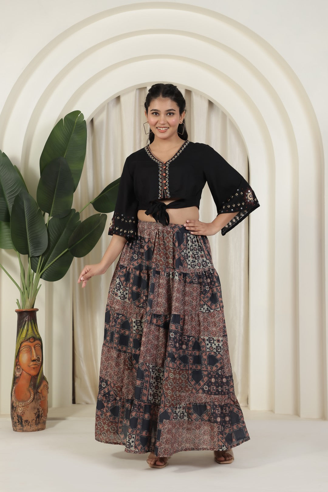 Black Rayon Cotton Top with Thread Work and Printed Skirt