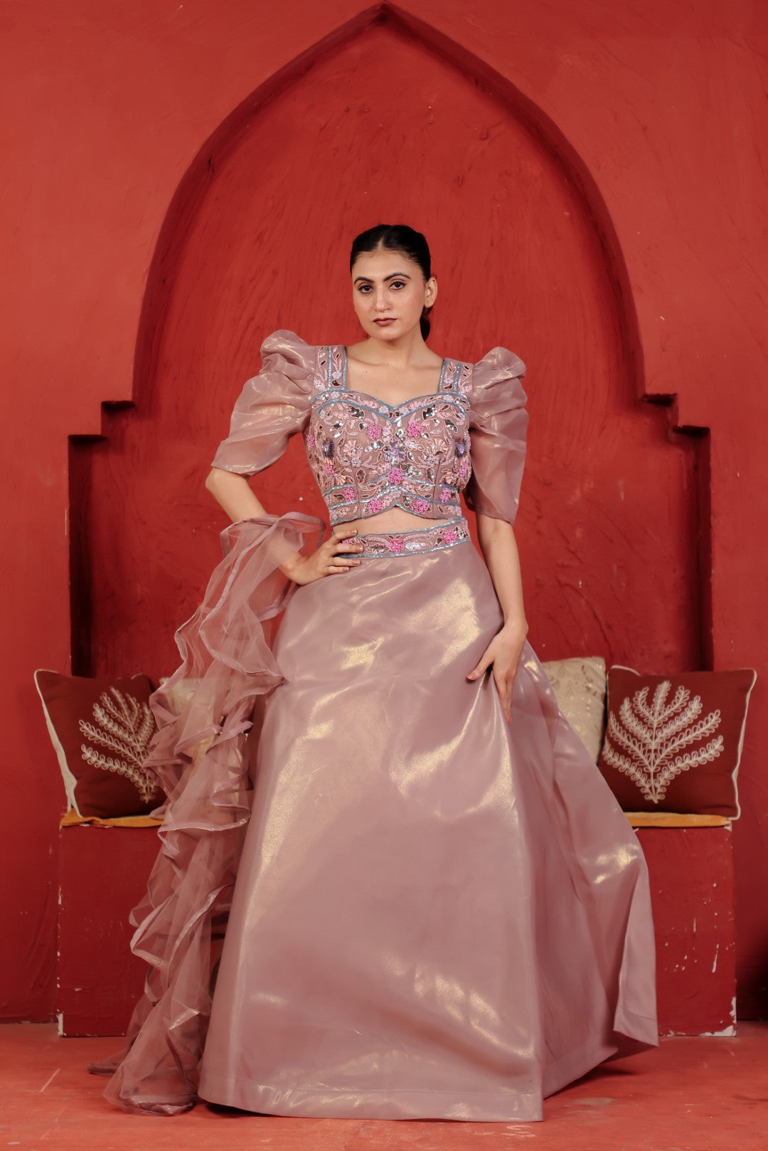 Light Brown Net Lehenga with Handwork Blouse & Dupatta