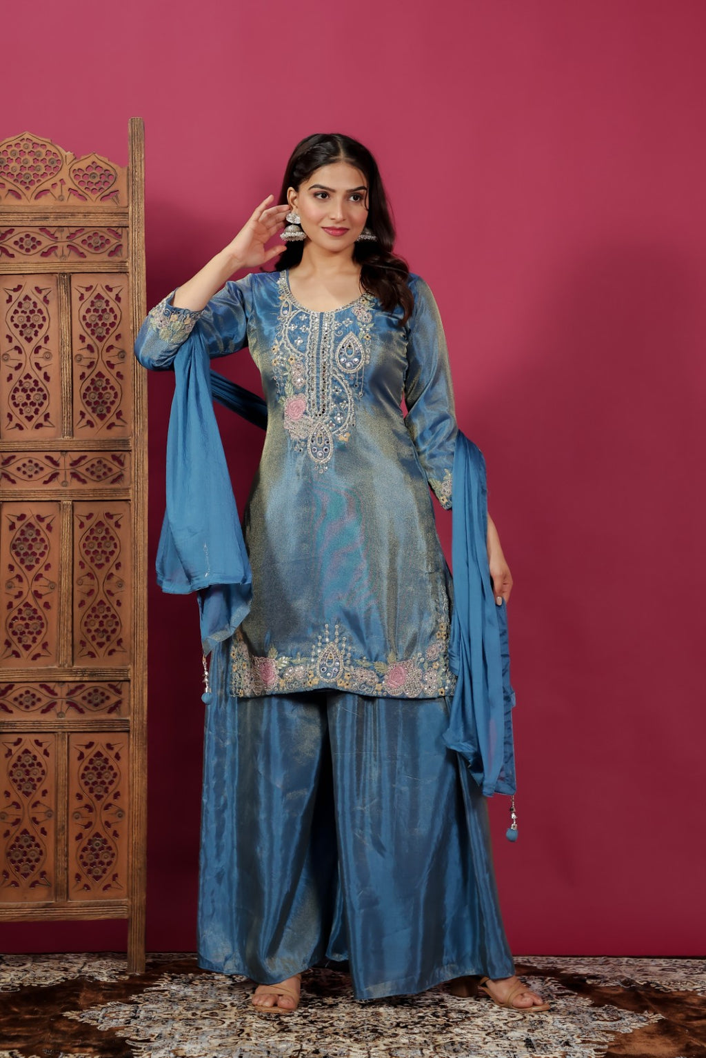Diesel Blue Mosh Silk Handwork Suit, Palazzo & Dupatta