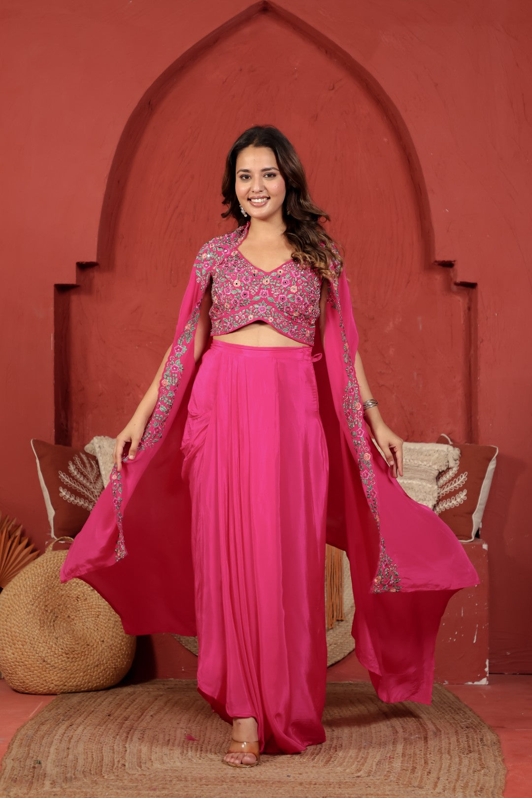 Rani Pink Crepe Silk Blouse with Thread & Mirror Work, Dhoti & Shrug