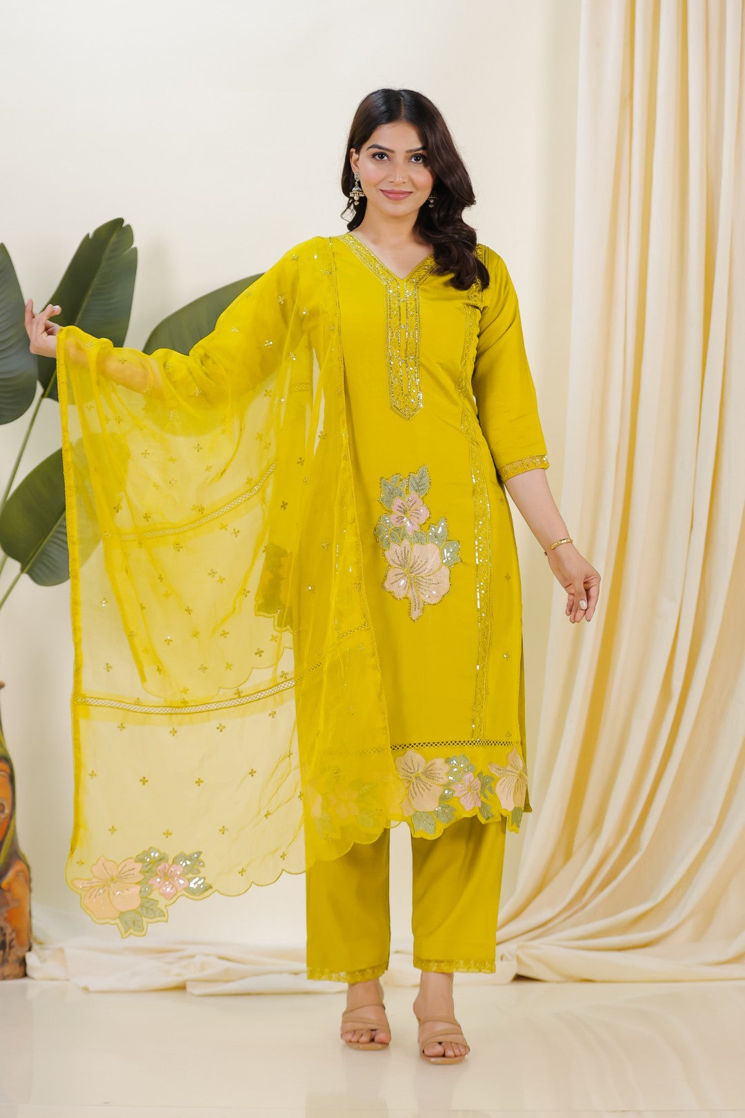 Olive Yellow Muslin Suit with Embroidery, Bottom & Dupatta