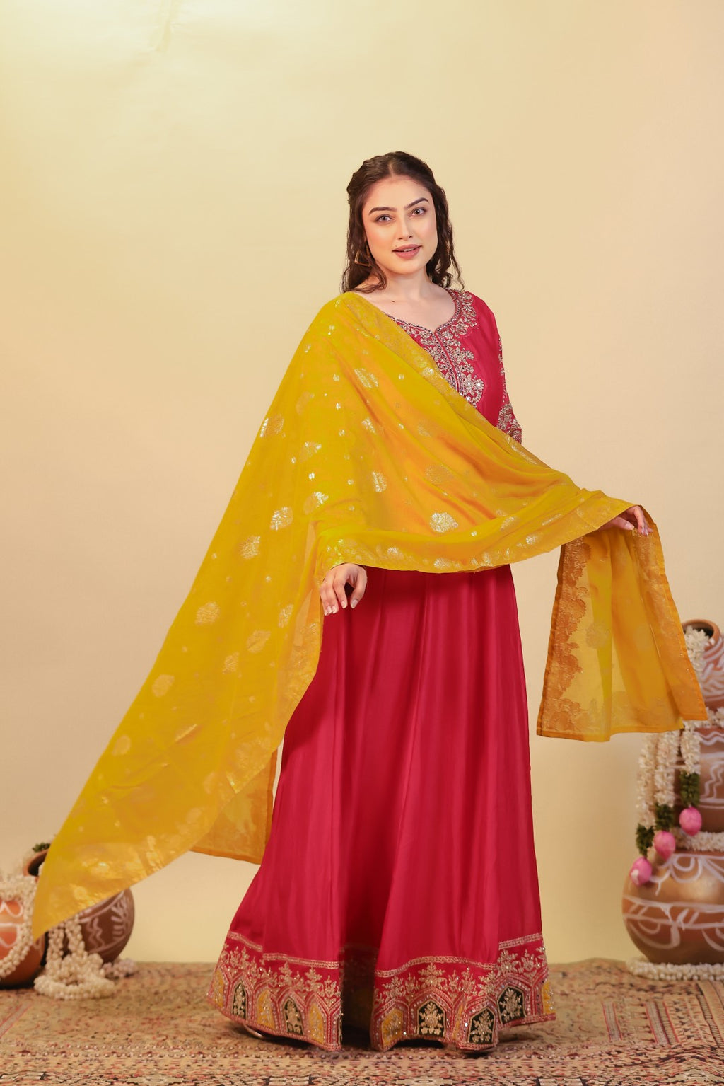 Rani Pink Vichitra Silk with Zari Work Gown & Dupatta