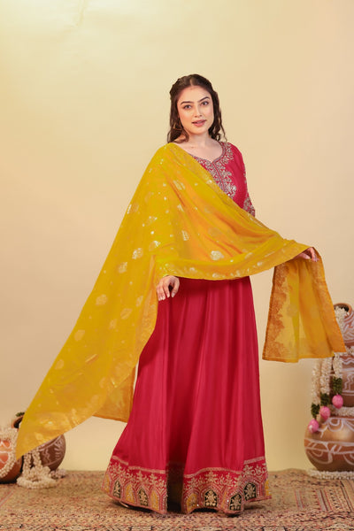 Rani Pink Vichitra Silk with Zari Work Gown & Dupatta