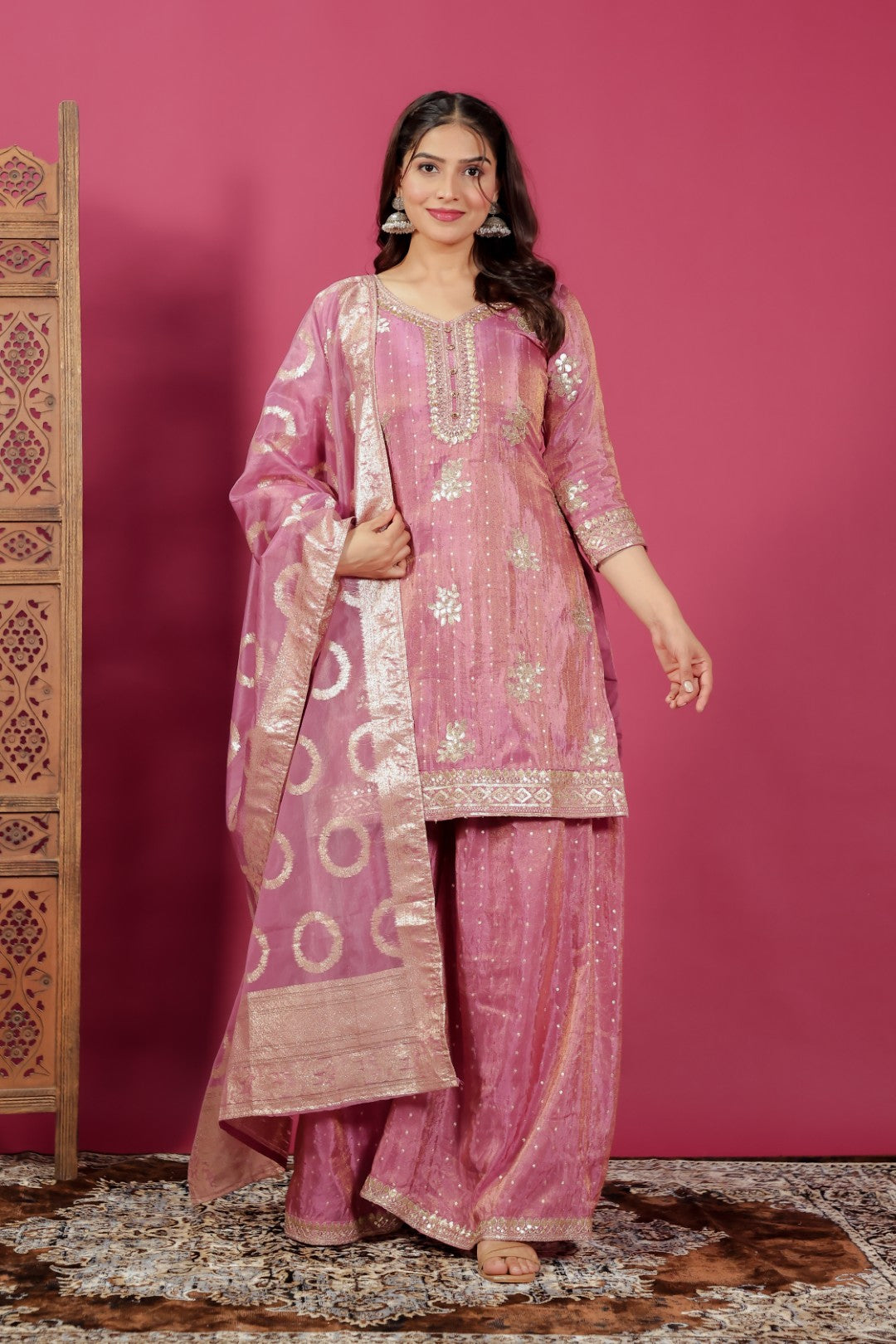 Pink Mosh Silk Suit with Banarsi Work, Palazzo & Dupatta