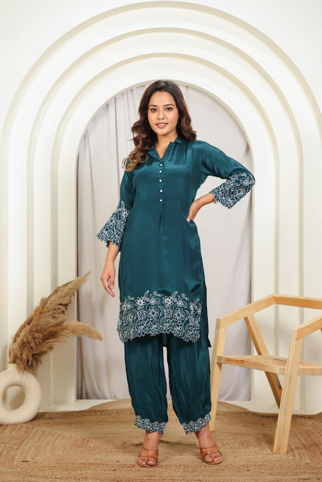 Bottle Green Crepe Silk with White Thread Work Co-ord Set