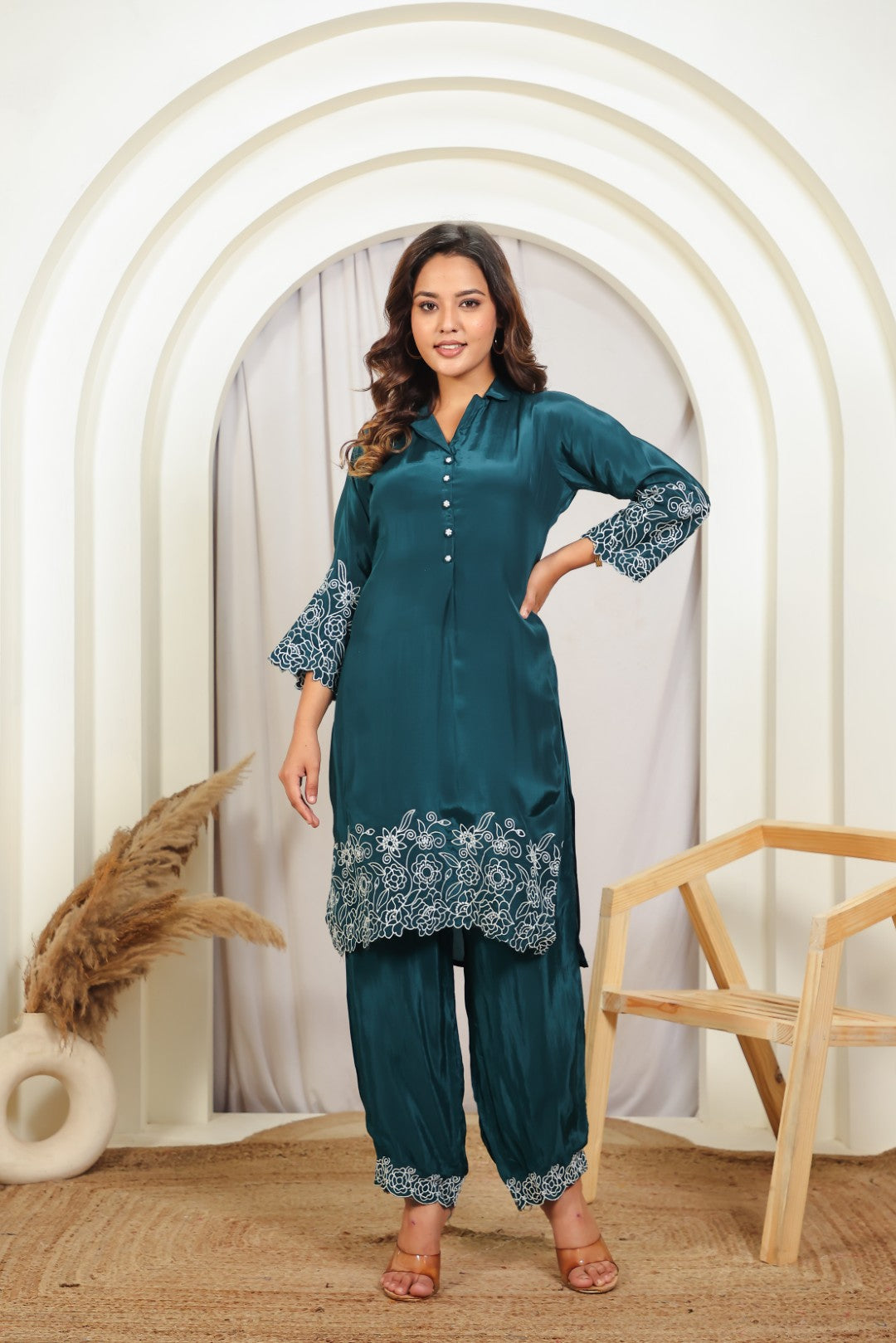 Bottle Green Crepe Silk with White Thread Work Co-ord Set