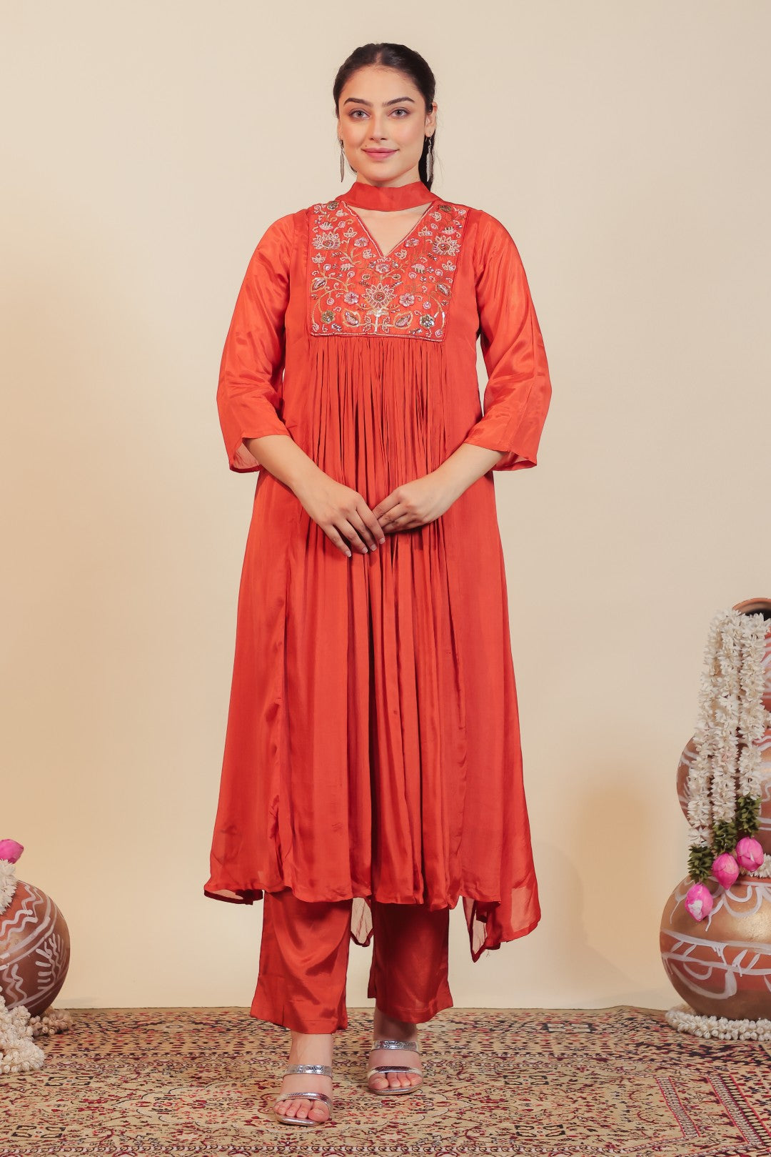 Rust Chinon Suit with Handwork, Bottom & Dupatta