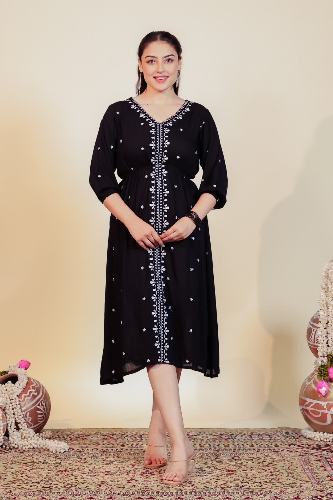 Black Rayon with White Thread Work Midi Dress