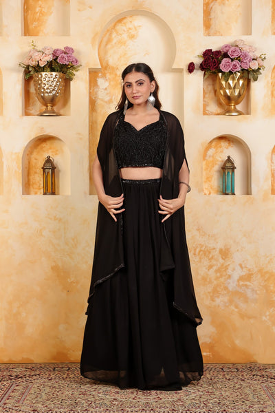 Black Georgette Handwork Blouse with Lehenga & Shrug