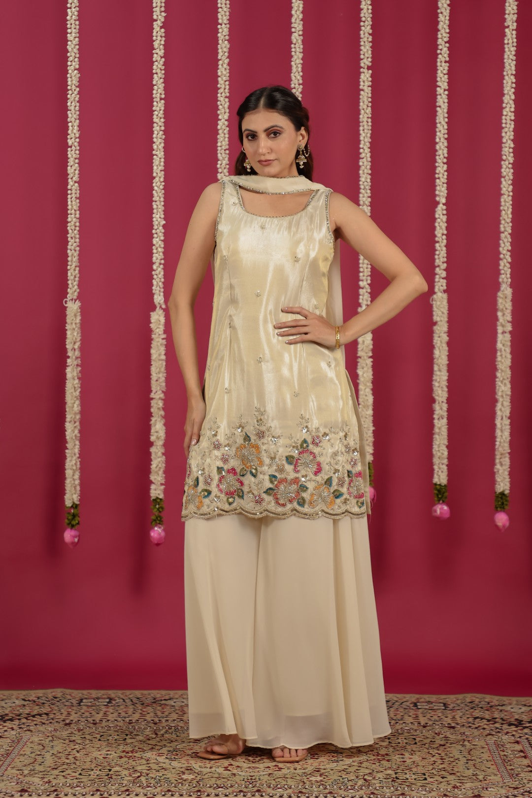 Beige Mosh Silk Suit with Thread Handwork Sharara & Choker Style Dupatta