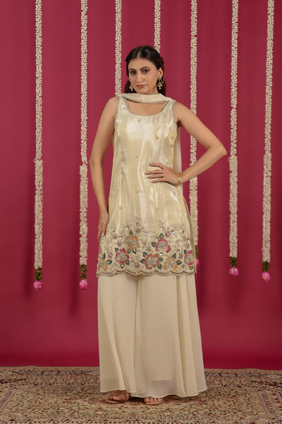 Beige Mosh Silk Suit with Thread Handwork Sharara & Choker Style Dupatta