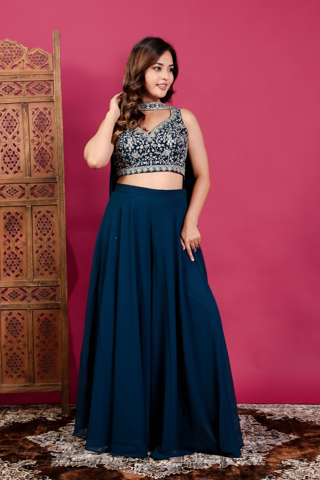 Diesel Blue Georgette Blouse with Heavy Zari Work, Sharara & Dupatta