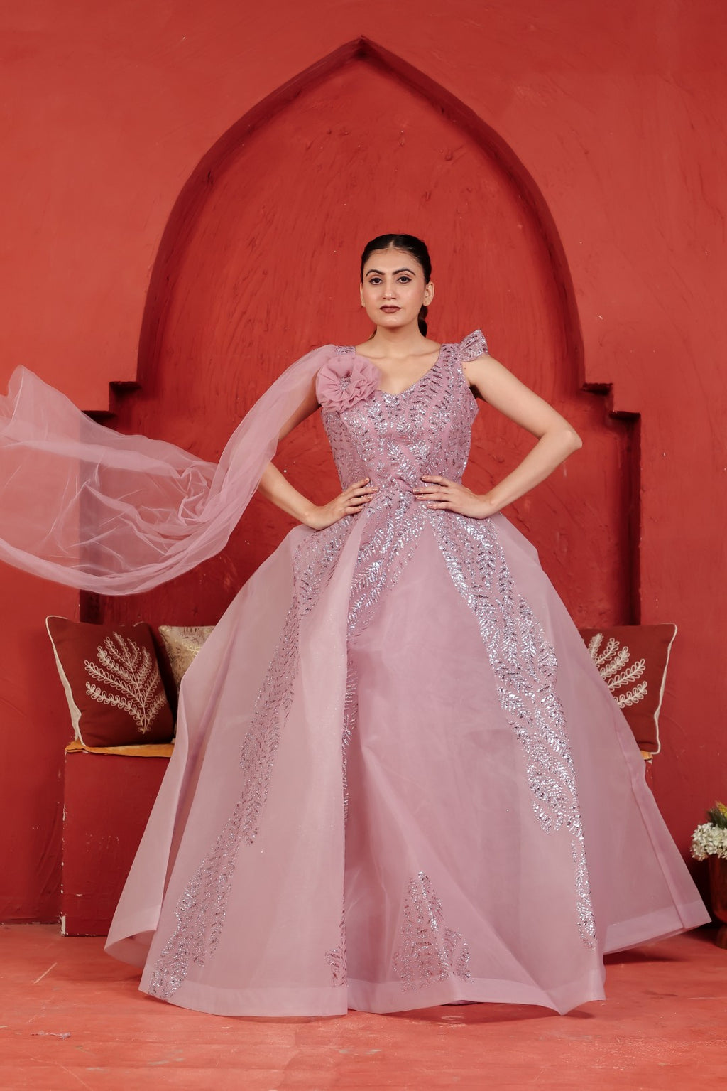 Baby Pink Net Gown with Sequin Work & Attached Dupatta