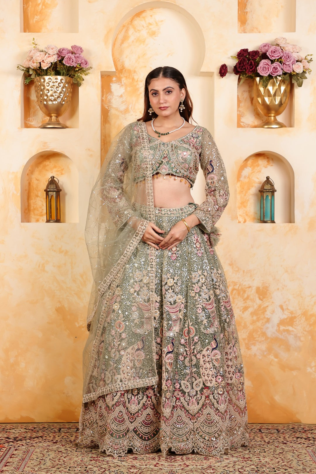Pista Green Net Lehenga with Heavy Embroidery and Matching Blouse & Dupatta