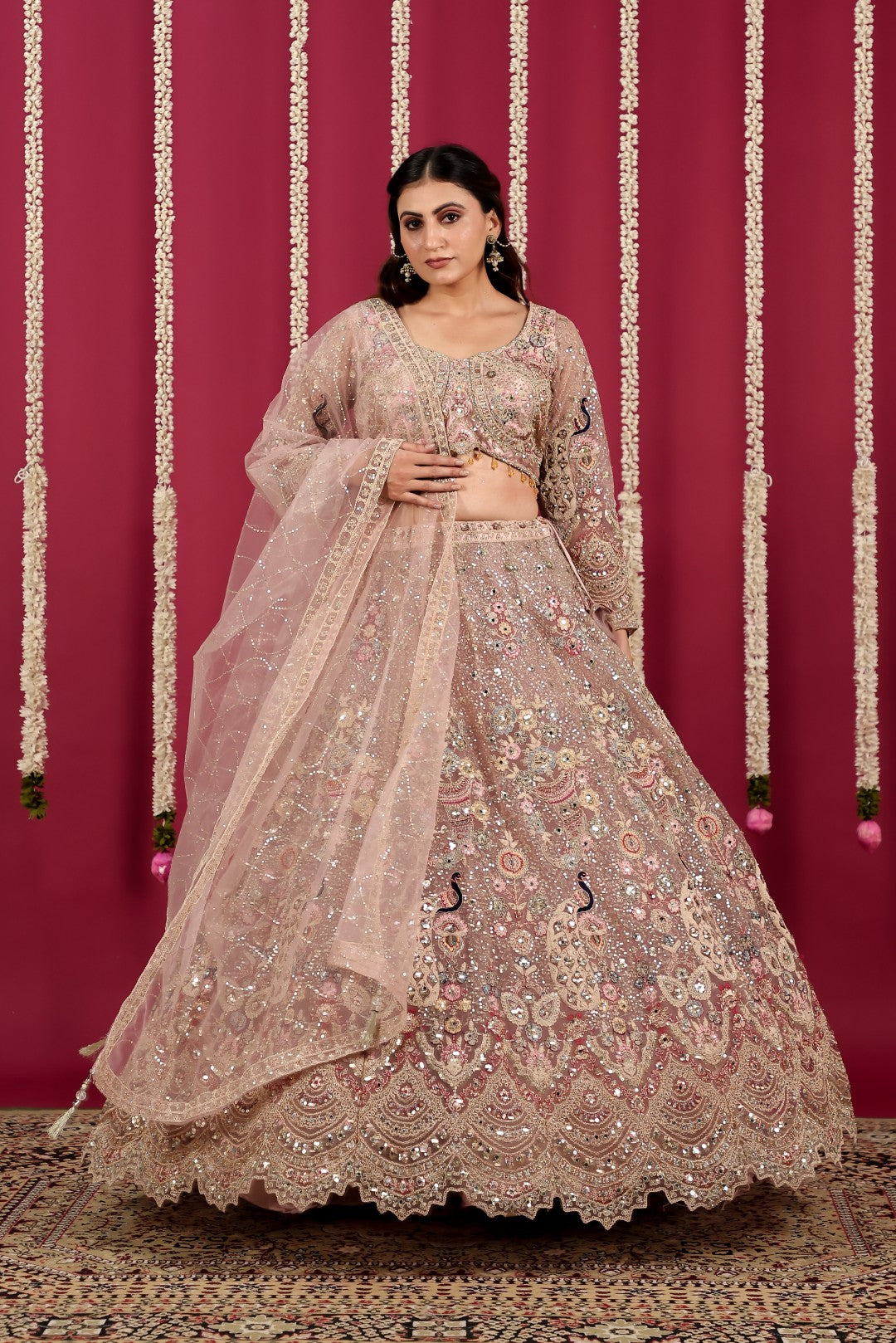 Pink Net Lehenga with Heavy Embroidery and Matching Blouse & Dupatta