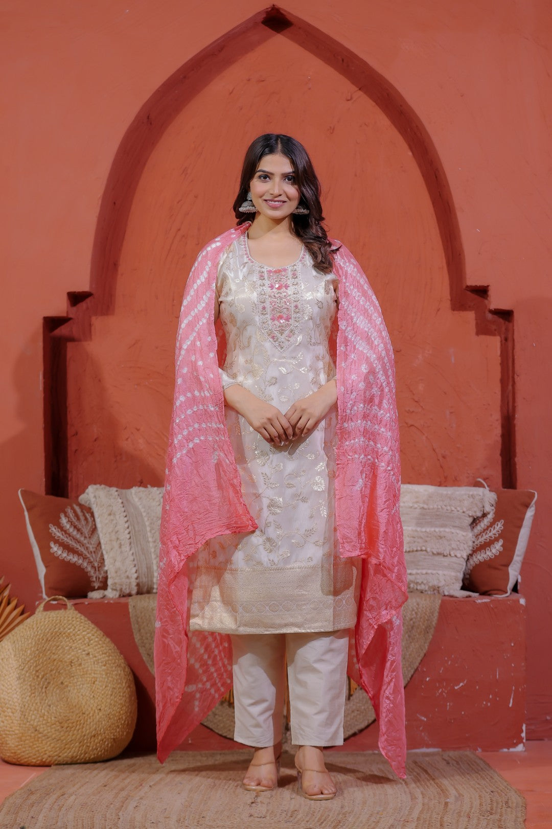 Off White Mosh Silk Suit with Full Banarasi Work, Pant & Dupatta