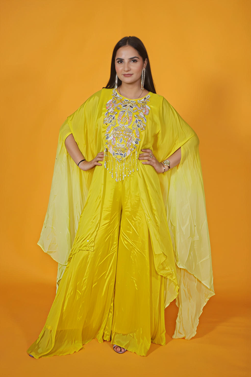 Yellow Crepe Silk Kaftan with Handwork and Sharara