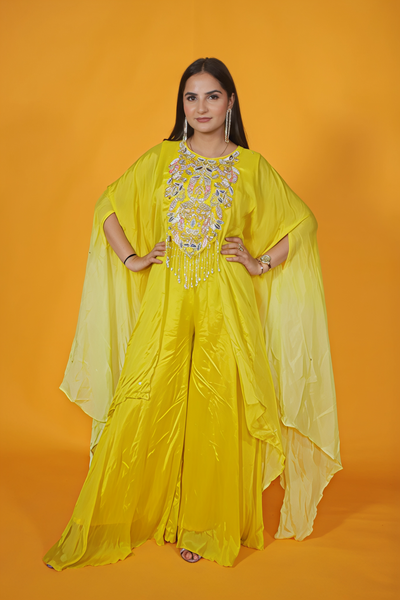 Yellow Crepe Silk Kaftan with Handwork and Sharara