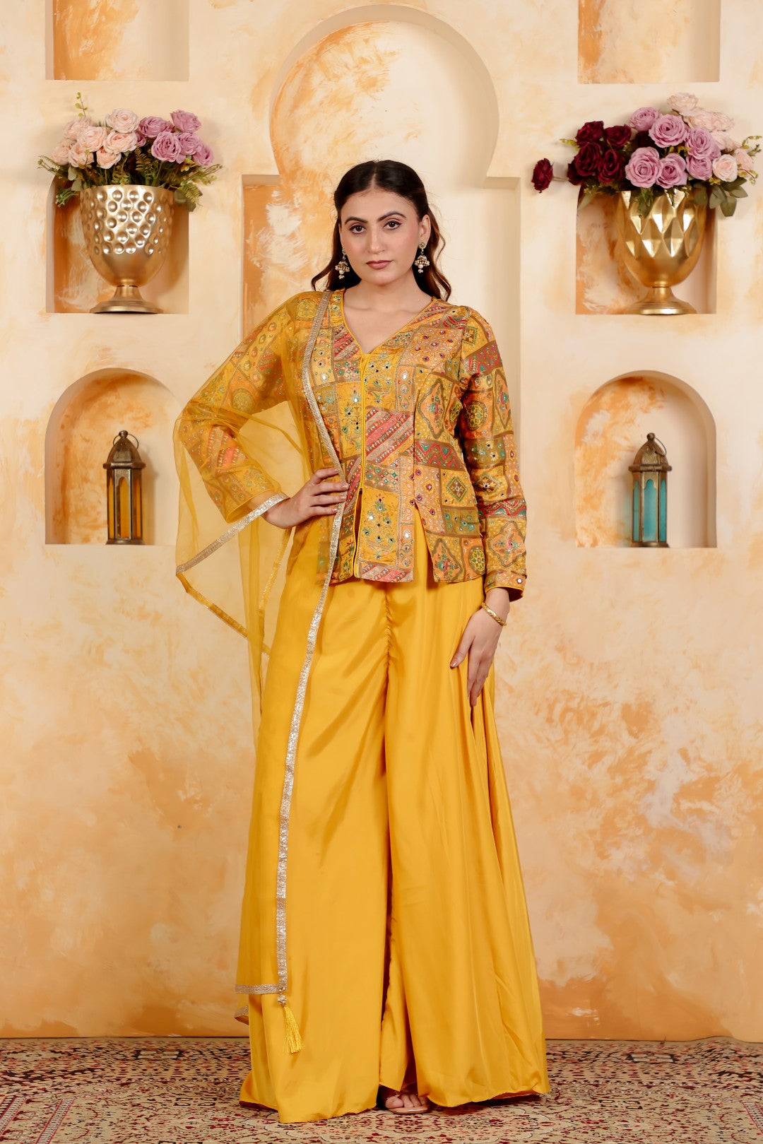 Yellow Silk Position Printed Top, with Sharara & Dupatta