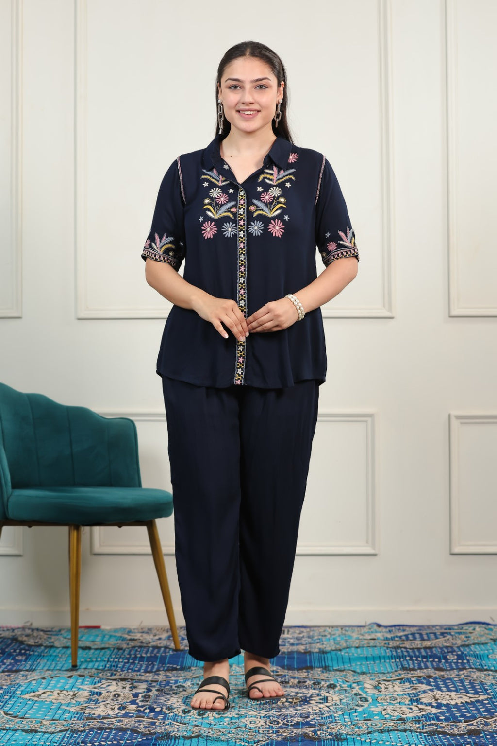 Navy Blue Rayon with Thread Work Co-ord Set