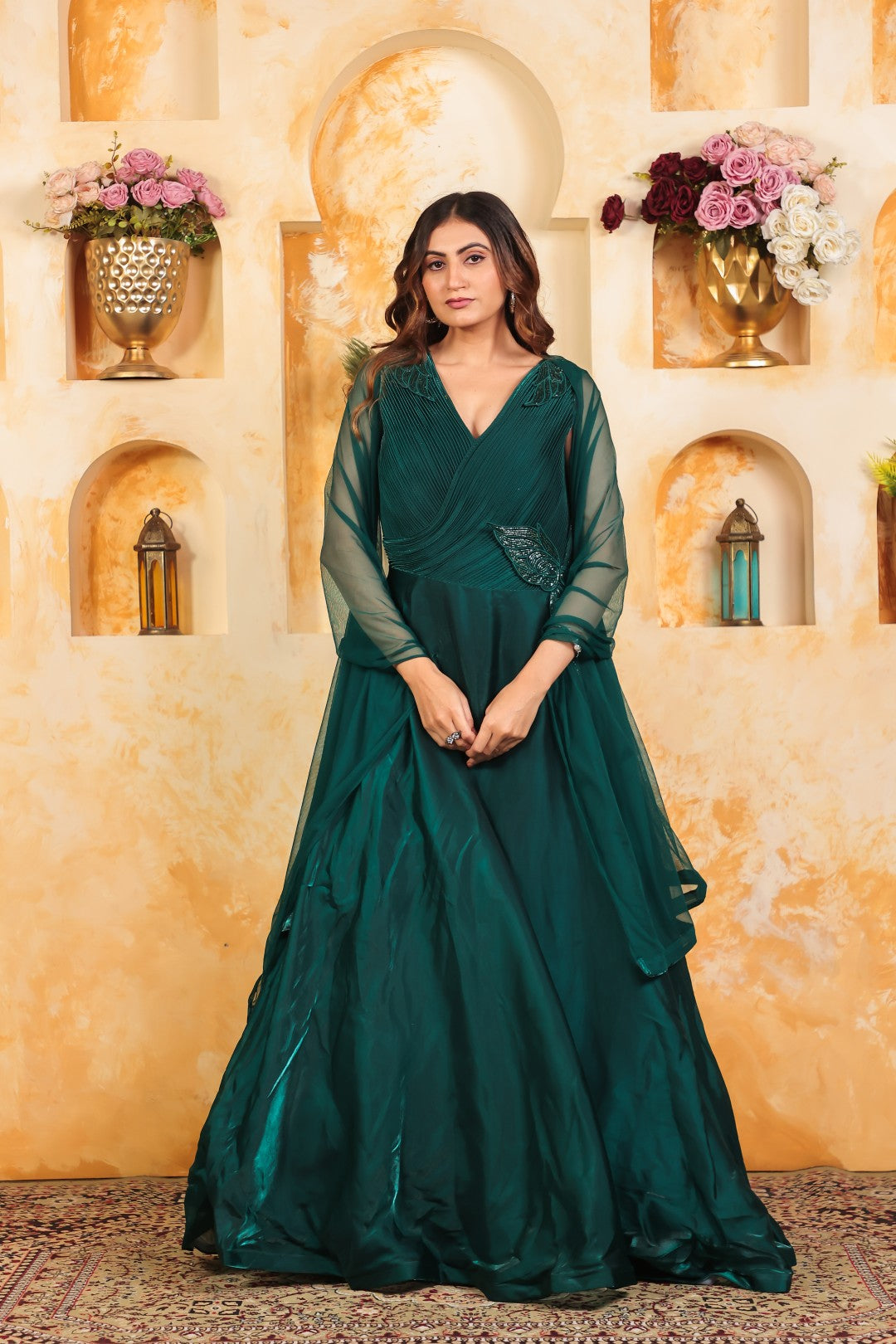 Bottle Green Jimmy Choo Fancy Stylish Gown & Dupatta