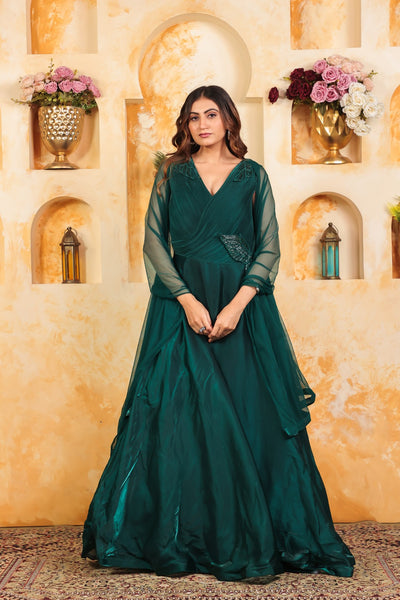 Bottle Green Jimmy Choo Fancy Stylish Gown & Dupatta