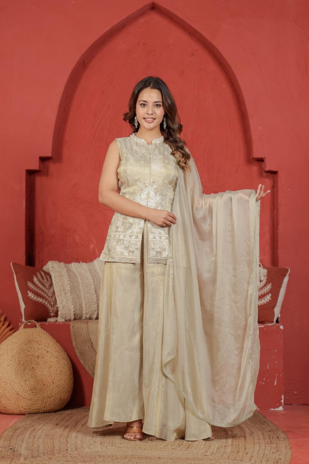 Beige Mosh Silk Jacket with Thread & Stone Work, Palazzo & Dupatta