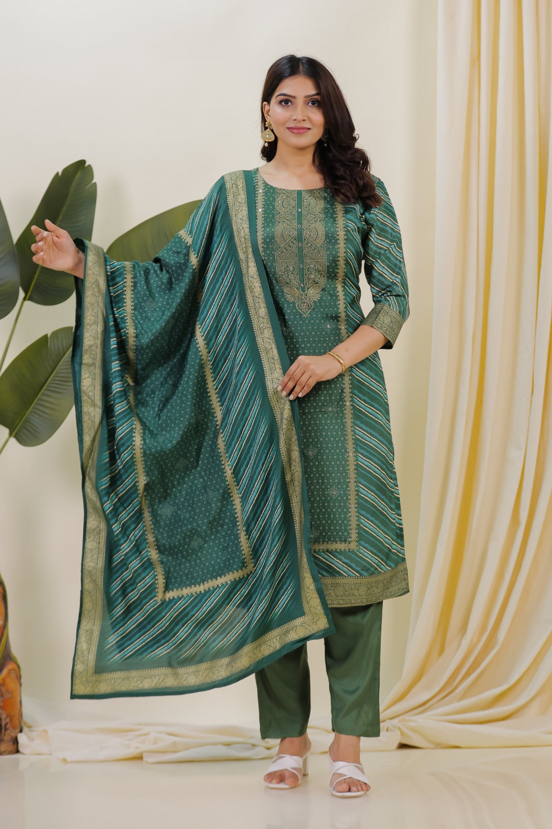 Green Silk Leheriya Print Suit with Foil Work, Bottom & Dupatta