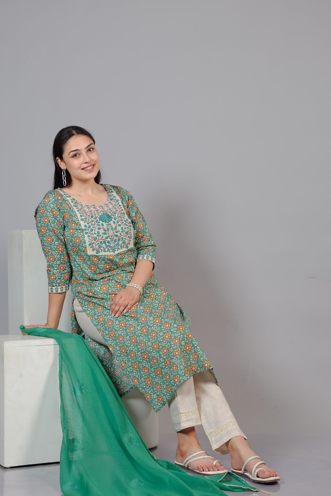 Green Cotton Printed Suit with Thread, Bottom & Dupatta