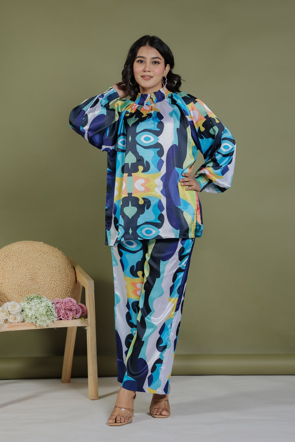 Multicolor Satin Printed Top and Multicolor Printed Bottom