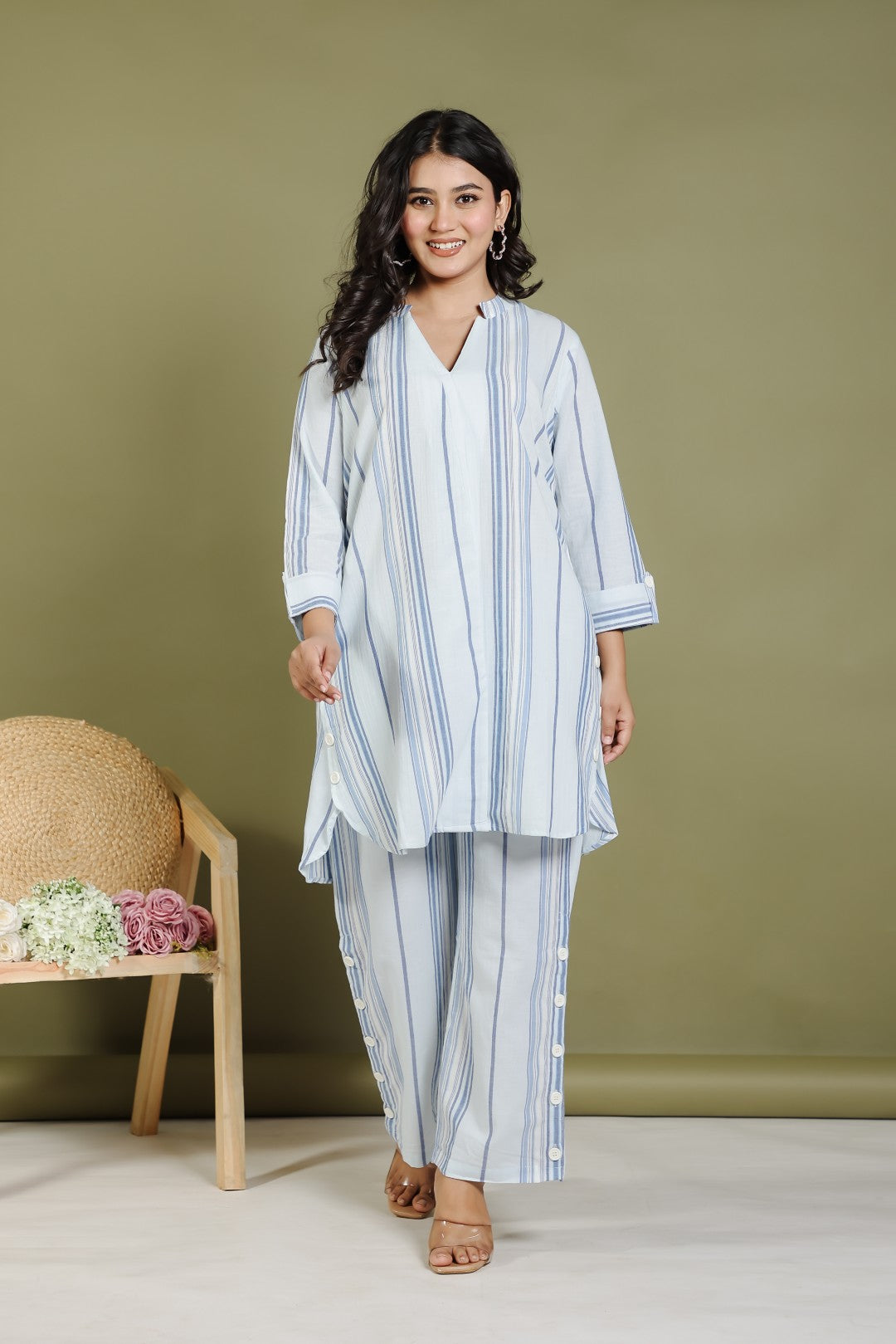 Light Sky Blue Cotton Top with Lining Prints, and Same Pant